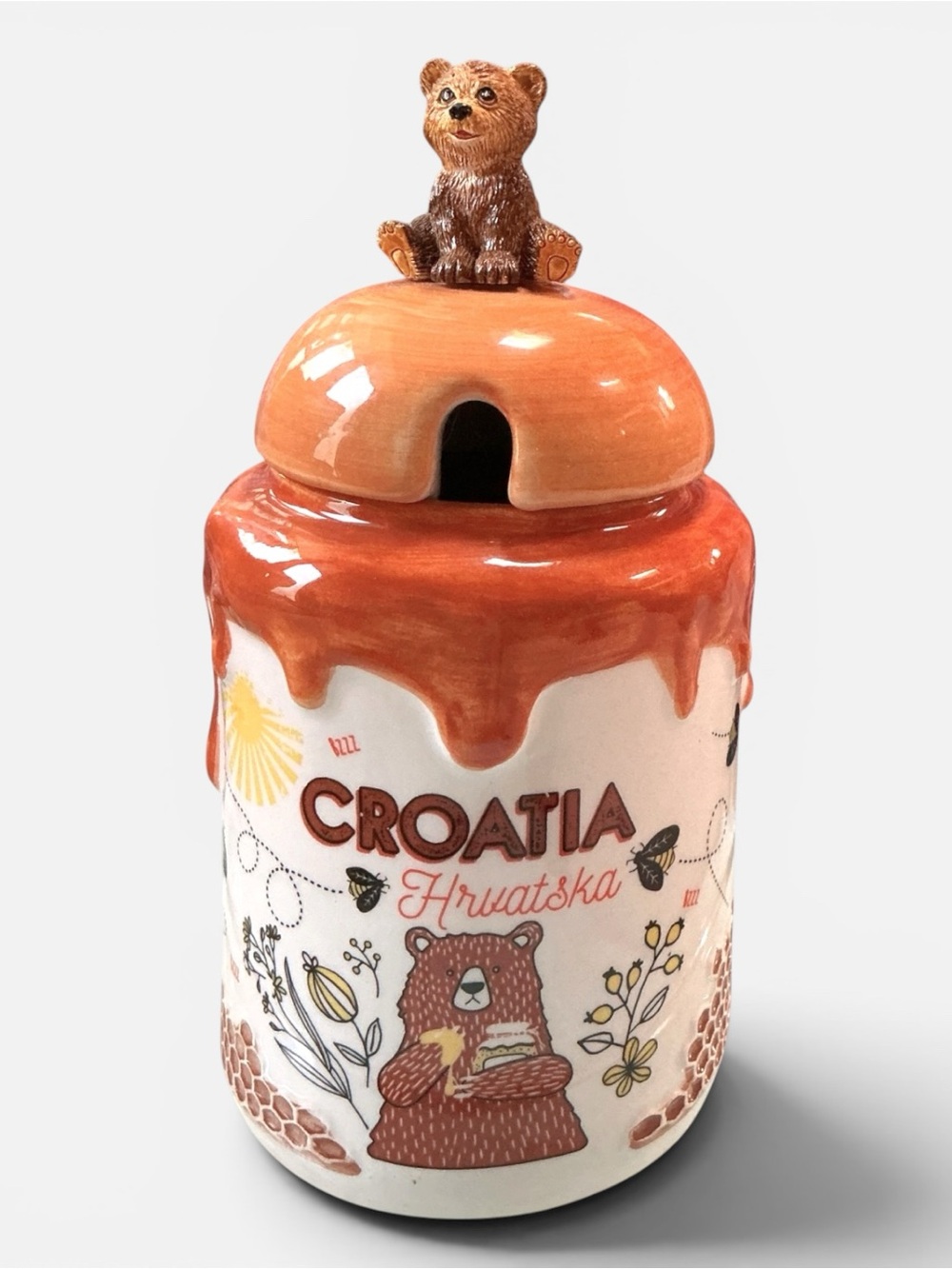Hard 2 Find Darlin’ Ceramic Honey Bear Jar w/ Bees Croatia Hruatska Dubrovnik